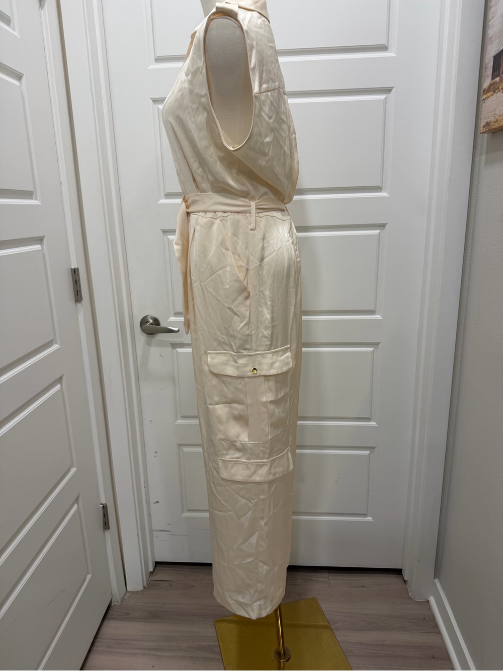Zara Sleeveless Satin Cream Utility Jumpsuit with Belt NWT - Picture 5 of 9